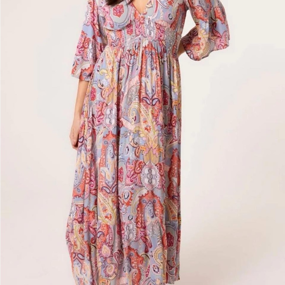 Pink and Orange Maxi Sundress with Bishop Sleeves